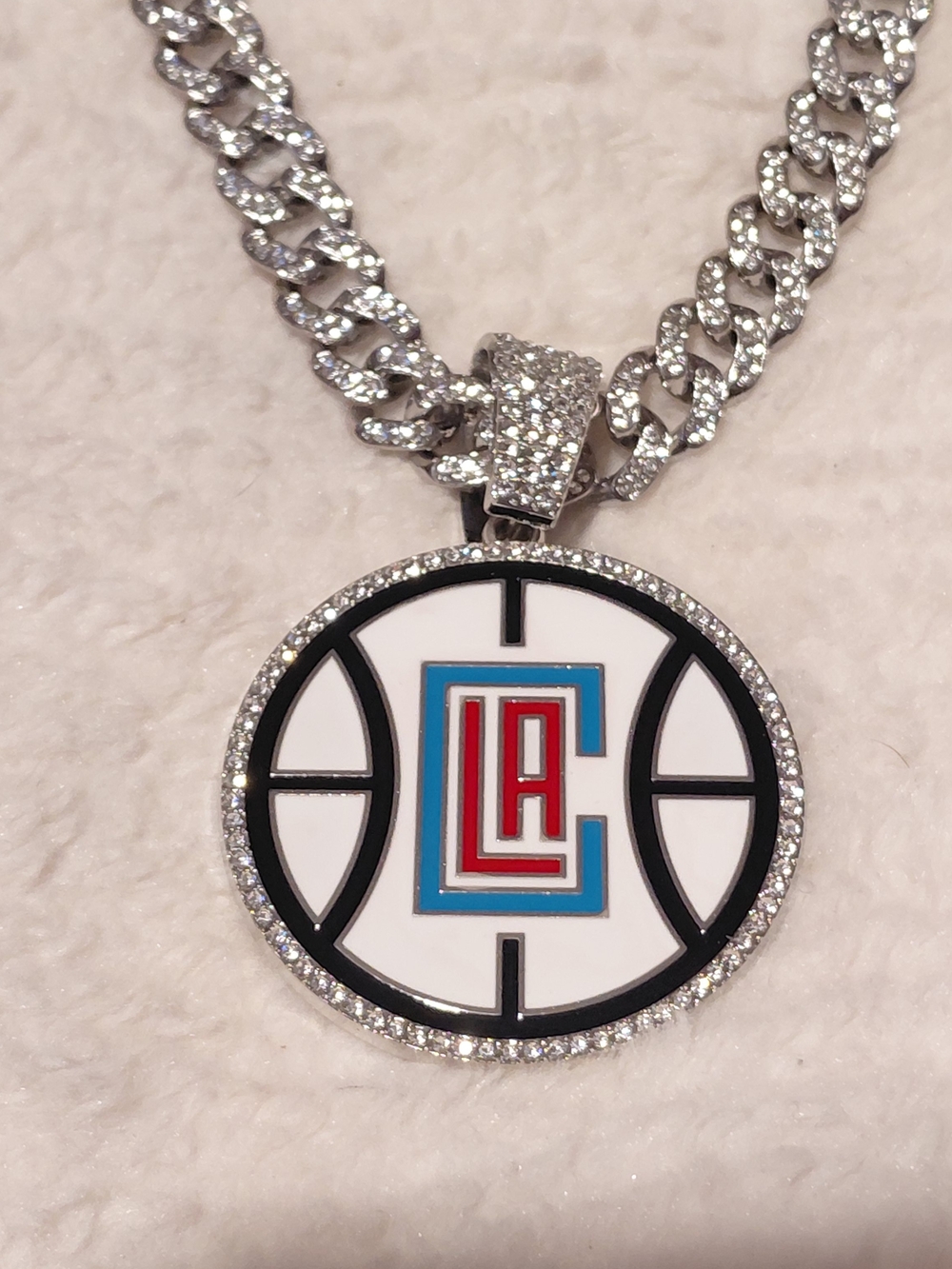 LA Logo Silver-Tone Crystal Basketball Pendant Necklace - White, Red & Blue